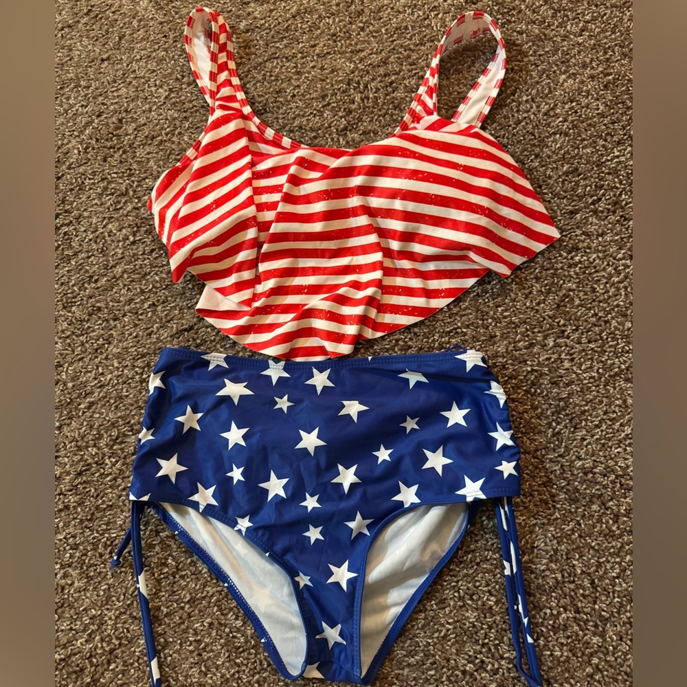 SHEIN Red Striped and Blue Star Bikini